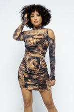 Load image into Gallery viewer, CAPSULLE Tie Dye Open Shoulder Long Sleeve Top And Matching Skirt W Ruching Details