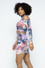 Load image into Gallery viewer, CAPSULLE Tie Dye Open Shoulder Long Sleeve Top And Matching Skirt W Ruching Details