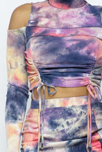 Load image into Gallery viewer, CAPSULLE Tie Dye Open Shoulder Long Sleeve Top And Matching Skirt W Ruching Details