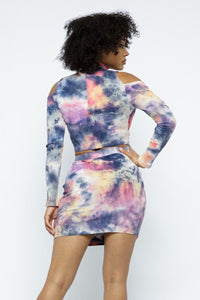 CAPSULLE Tie Dye Open Shoulder Long Sleeve Top And Matching Skirt W Ruching Details