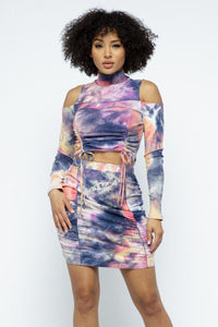 CAPSULLE Tie Dye Open Shoulder Long Sleeve Top And Matching Skirt W Ruching Details