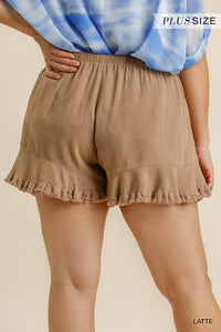 UMGEE Linen Blend Elastic Waist Ruffle Hem Shorts With Pockets