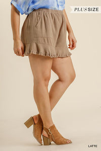 UMGEE Linen Blend Elastic Waist Ruffle Hem Shorts With Pockets