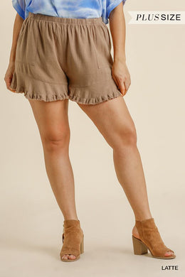 UMGEE Linen Blend Elastic Waist Ruffle Hem Shorts With Pockets