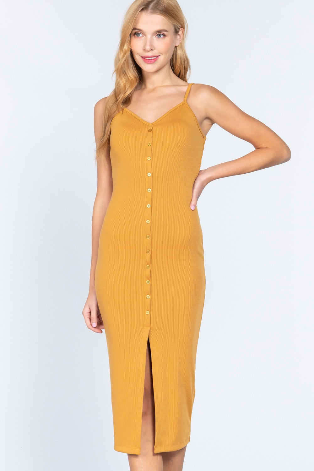 ACTIVE BASIC Button Slit Rib Cami Midi Dress