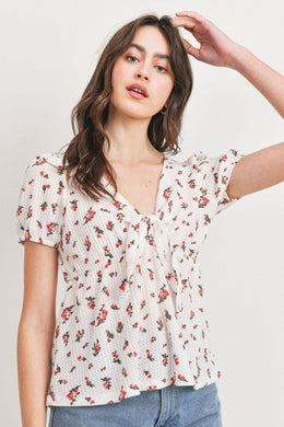 PAPER CRANE Front Tie Floral Waffle Top