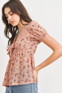 PAPER CRANE Front Tie Floral Waffle Top