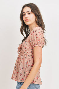 PAPER CRANE Front Tie Floral Waffle Top