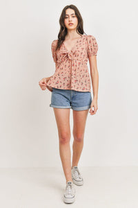 PAPER CRANE Front Tie Floral Waffle Top