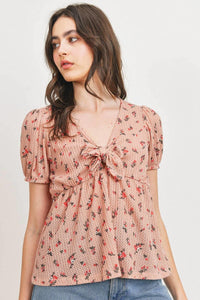 PAPER CRANE Front Tie Floral Waffle Top