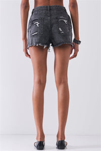 TASHA APPAREL Ripped High-waist Front Zip-up Raw Hem Detail Distressed Mini Shorts