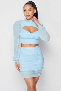 PRIVY Sexy Sheer Cutout Puff Sleeved Top And Skirt Set