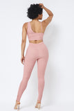 CAPSULLE Mesh Strappy Adjustable Ruched Crop Top With Matching See Through Side Panel Leggings