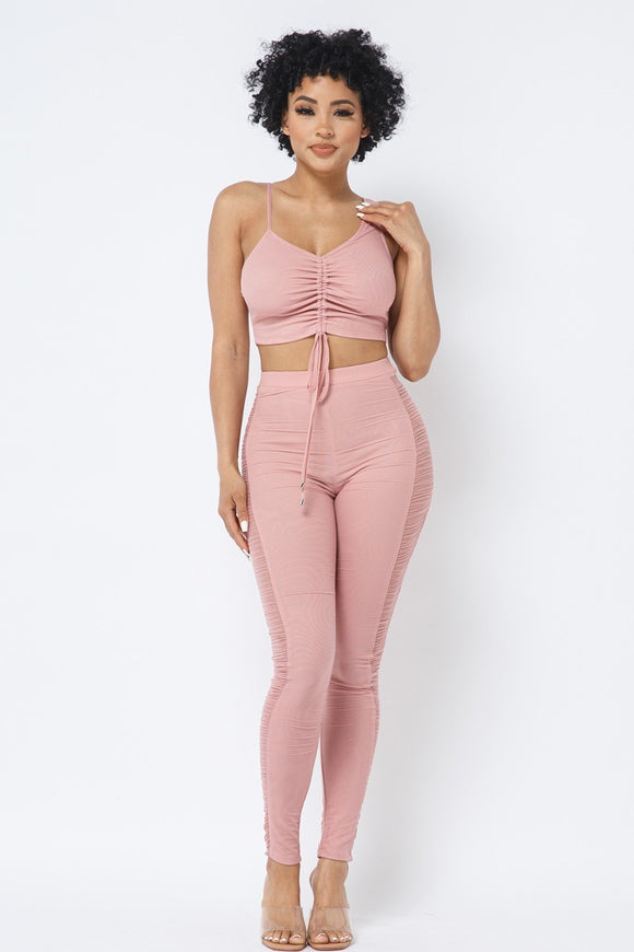 CAPSULLE Mesh Strappy Adjustable Ruched Crop Top With Matching See Through Side Panel Leggings