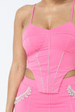 CAPSULLE Rhinestone Detailed Strappy Cropped Top With Matching Rhinestone Pocket Detail Mini Skirt