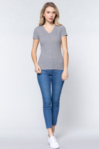 ACTIVE BASIC Short Sleeve V-neck Rib Top