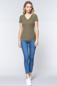 ACTIVE BASIC Short Sleeve V-neck Rib Top