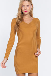 ACTIVE BASIC Long Slv V-neck Sweater Mini Dress