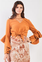 Load image into Gallery viewer, TASHA APPAREL Fuzzy long ruffle sleeve v-neck self-tie front detail cropped top
