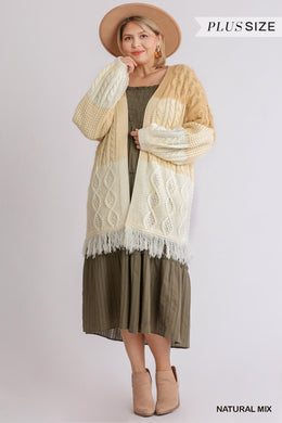 UMGEE Patchwork Knitted Open Front Cardigan Sweater With Frayed Hem