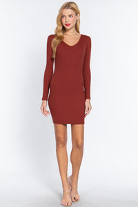 ACTIVE BASIC Long Slv V-neck Mini Rib Dress