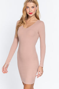 ACTIVE BASIC Long Slv V-neck Mini Rib Dress