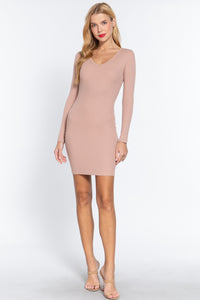 ACTIVE BASIC Long Slv V-neck Mini Rib Dress