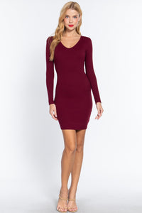 ACTIVE BASIC Long Slv V-neck Mini Rib Dress