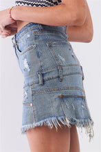 Load image into Gallery viewer, Medium Blue Denim High-waist Distressed Effect Asymmetrical Trim Raw Hem Detail Mini Skirt