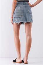 Load image into Gallery viewer, Medium Blue Denim High-waist Distressed Effect Asymmetrical Trim Raw Hem Detail Mini Skirt