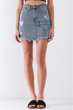 Load image into Gallery viewer, Medium Blue Denim High-waist Distressed Effect Asymmetrical Trim Raw Hem Detail Mini Skirt