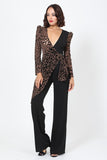 VALENTINE Plunging V Buckle Detail Leopard Jumpsuit