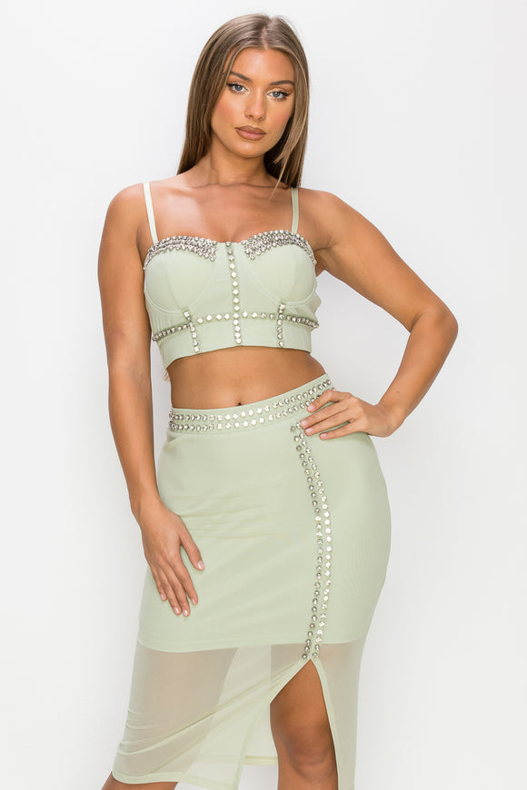 IRIS DESIGN Studded Stone Cami Top & Slit Mini Skirts Set