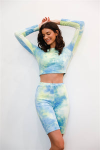 TASHA Multicolor Tie-dye Velvet Cropped Long Sleeve Top & Bike Shorts Set