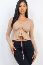 Load image into Gallery viewer, CAPELLA APPAREL Ribbed Drawstring Front Long Sleeve Peplum Top