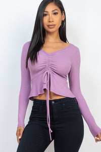 CAPELLA APPAREL Ribbed Drawstring Front Long Sleeve Peplum Top