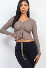 Load image into Gallery viewer, CAPELLA APPAREL Ribbed Drawstring Front Long Sleeve Peplum Top