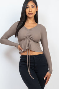 CAPELLA APPAREL Ribbed Drawstring Front Long Sleeve Peplum Top