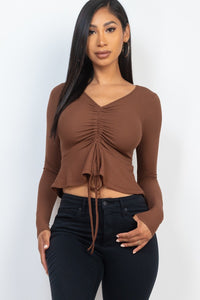 CAPELLA APPAREL Ribbed Drawstring Front Long Sleeve Peplum Top