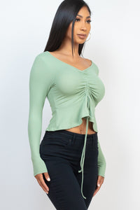 CAPELLA APPAREL Ribbed Drawstring Front Long Sleeve Peplum Top