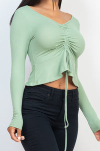 CAPELLA APPAREL Ribbed Drawstring Front Long Sleeve Peplum Top