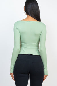 CAPELLA APPAREL Ribbed Drawstring Front Long Sleeve Peplum Top