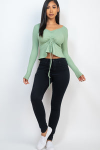 CAPELLA APPAREL Ribbed Drawstring Front Long Sleeve Peplum Top