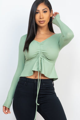 CAPELLA APPAREL Ribbed Drawstring Front Long Sleeve Peplum Top