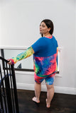 TASHA Plus Blue Neon Rainbow Tie-dye Colorblock Long Sleeve Top & Biker Shorts Set