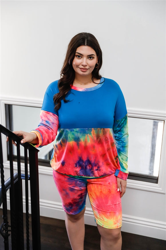 TASHA Plus Blue Neon Rainbow Tie-dye Colorblock Long Sleeve Top & Biker Shorts Set