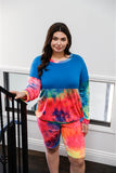 TASHA Plus Blue Neon Rainbow Tie-dye Colorblock Long Sleeve Top & Biker Shorts Set