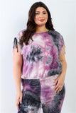 TASHA Plus Purple & Black Tie-dye Ruched Shoulder Detail Top & Pants Set