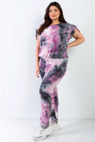 TASHA Plus Purple & Black Tie-dye Ruched Shoulder Detail Top & Pants Set