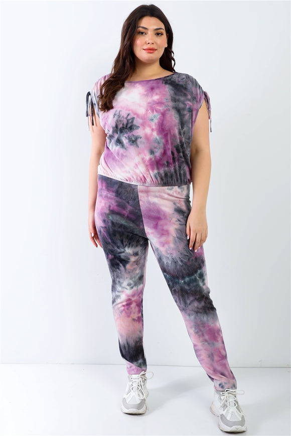 TASHA Plus Purple & Black Tie-dye Ruched Shoulder Detail Top & Pants Set